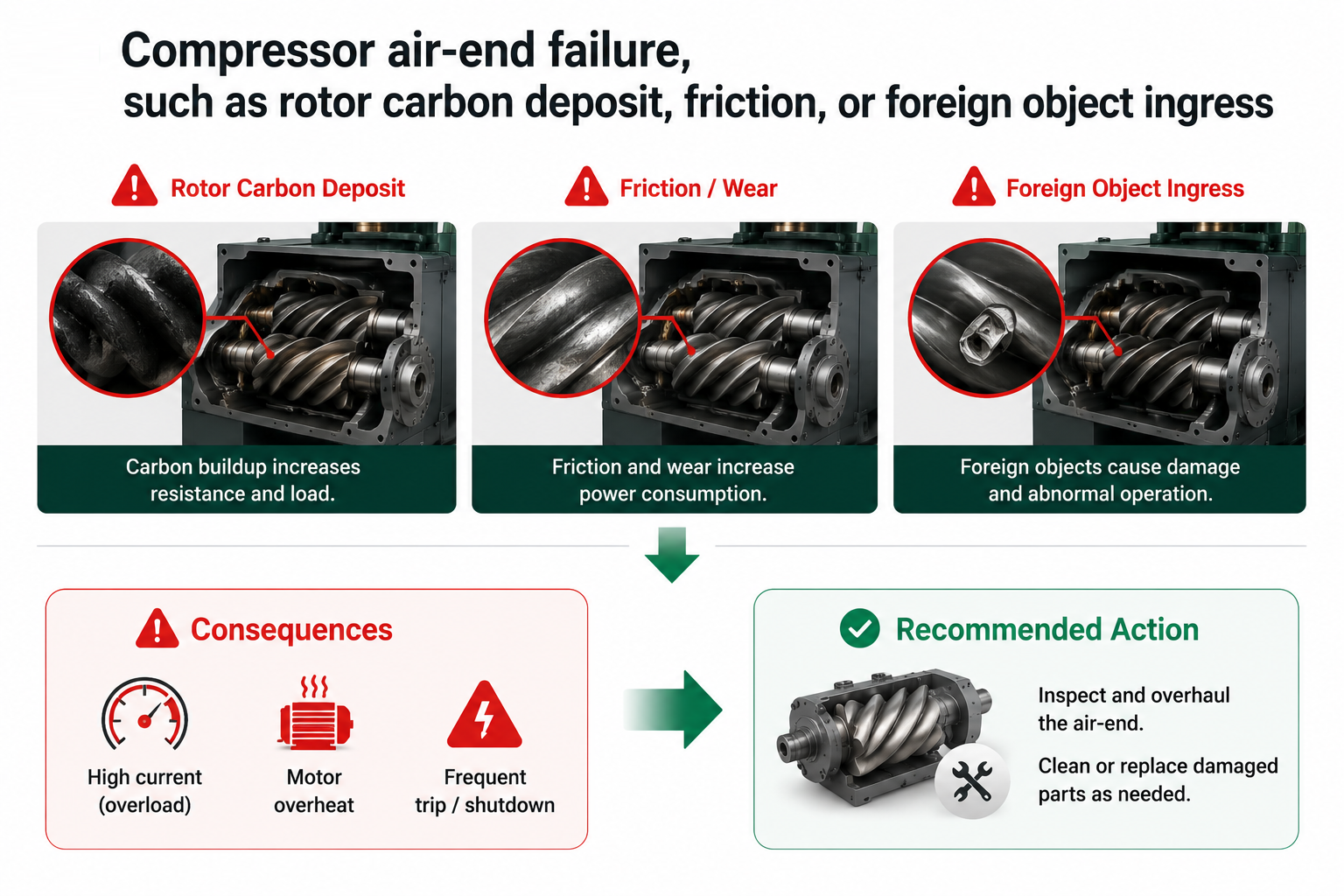 Carbon buildup inside screw compressor air-end rotor