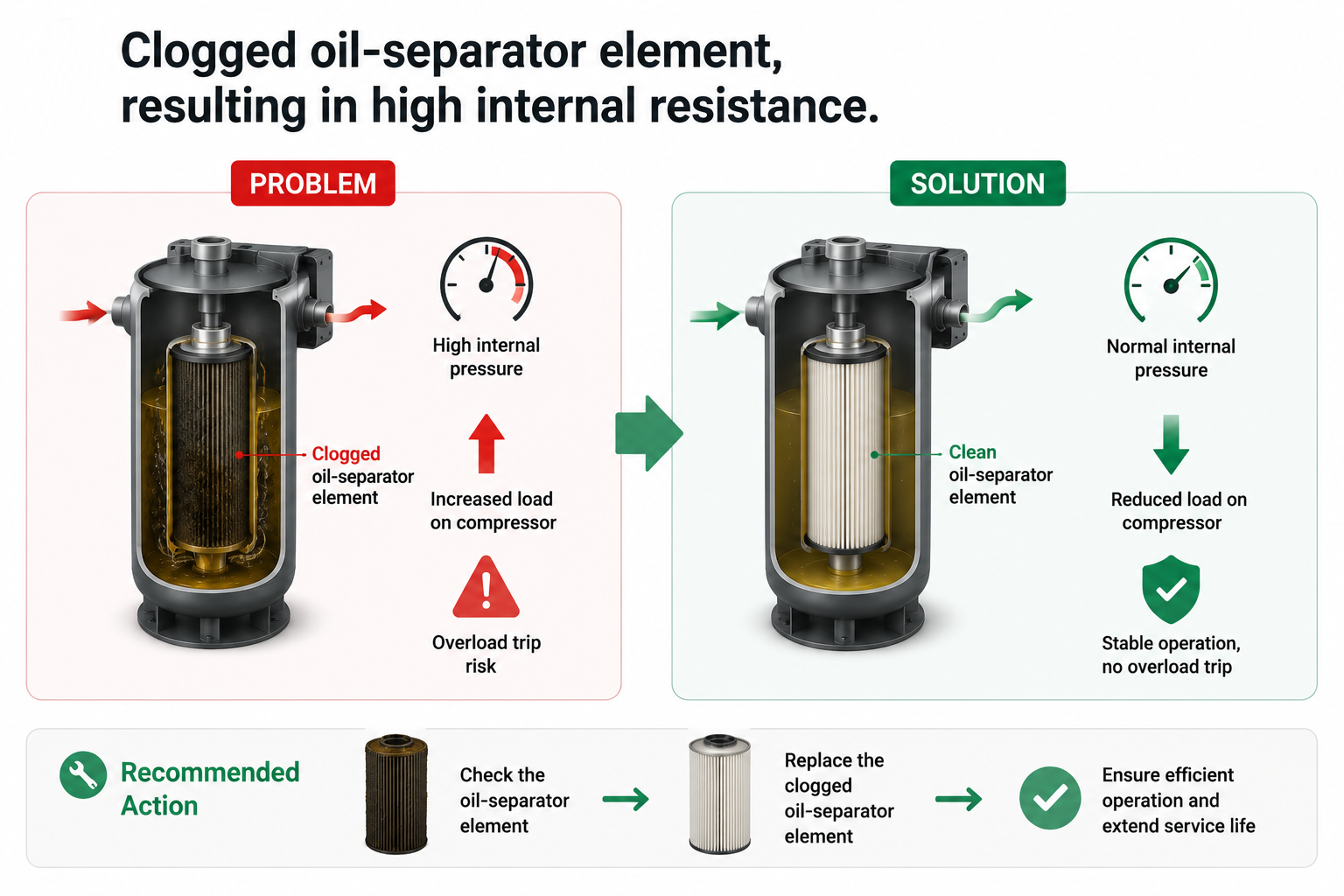 Clogged oil separator element causing high resistance in air compressor