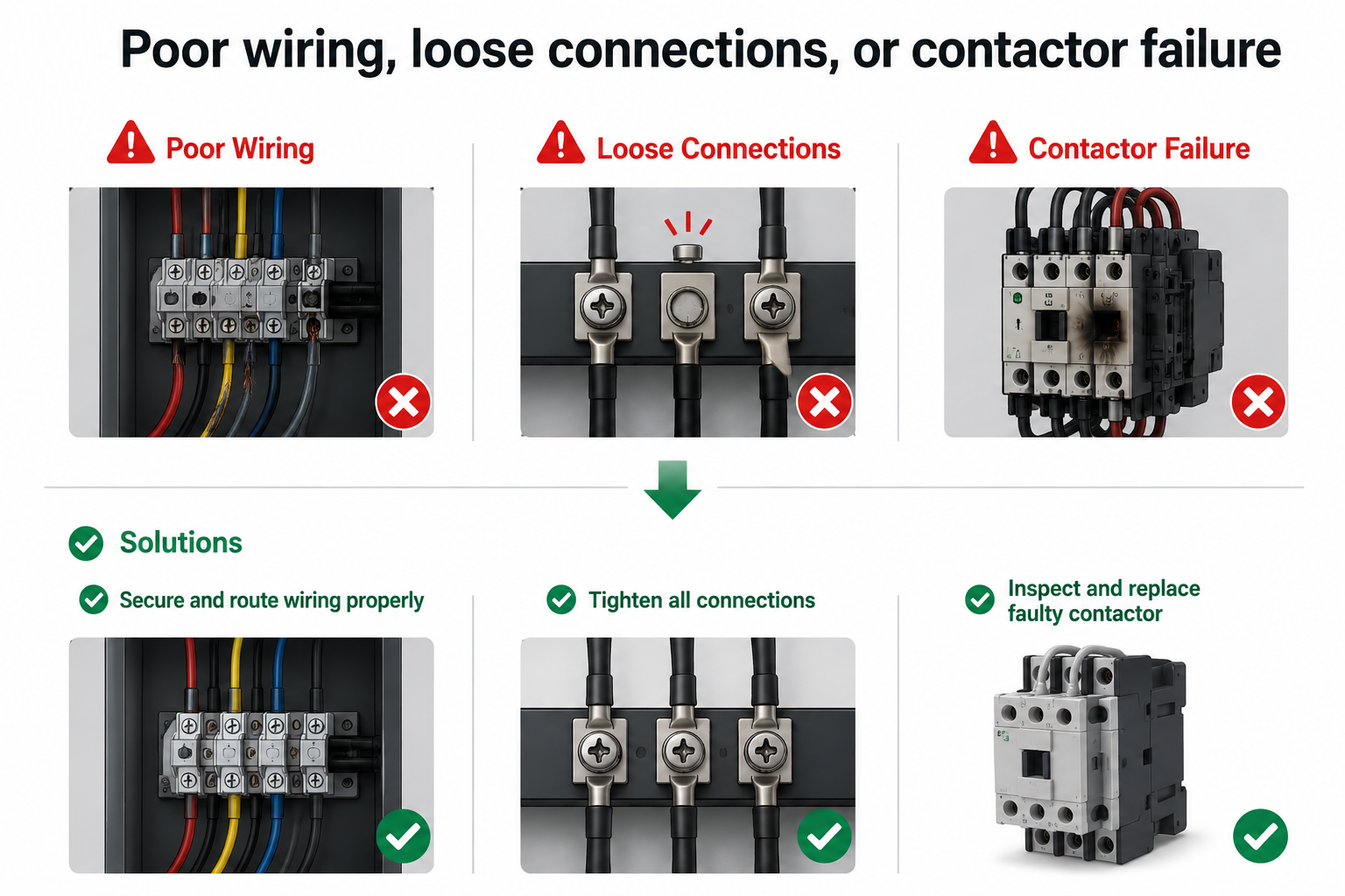 Loose wiring and contactor failure in industrial air compressor
